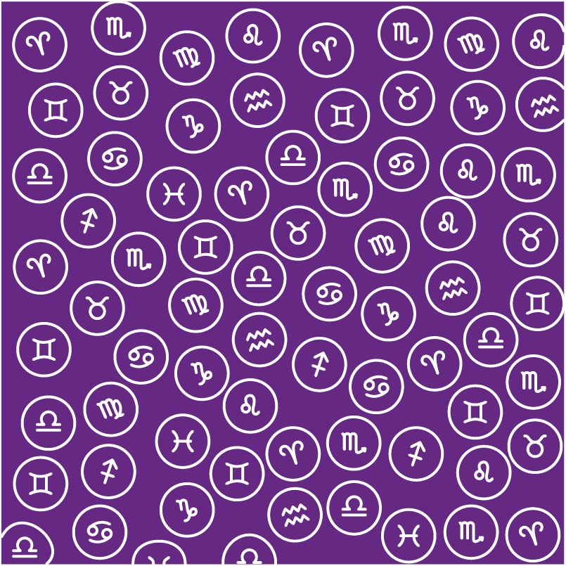 Un fond violet avec tous les signes astrologiques du zodiaque en blanc.