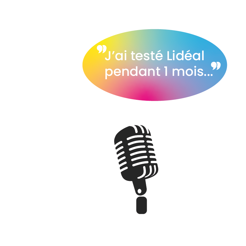 Un micro et une texte écrit "j'ai testé Lidéal pendant 1 mois" pour correspondre au blog avec un fond dégradé en rose jaune et violet.